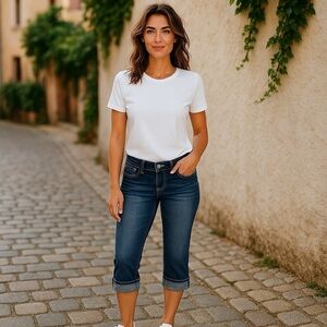 Wallflower Juniors  SZ 7 Capris Dark Blue Faded Whiskering Rhinestones Stitching